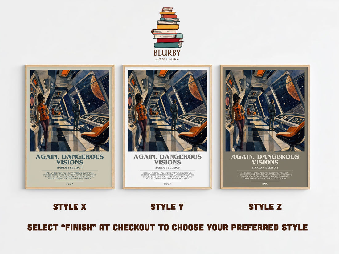 Again, Dangerous Visions bookish print in frame leaning in hallway – sci fi wall art (mockup)