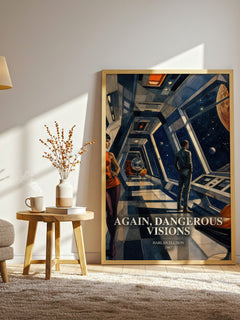 Again, Dangerous Visions watercolour print in frame leaning in hallway – sci fi wall art