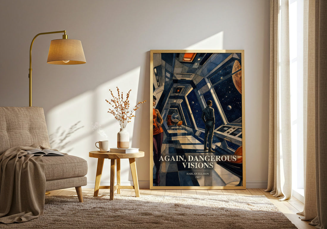 Again, Dangerous Visions watercolour print in frame leaning in hallway – sci fi wall art