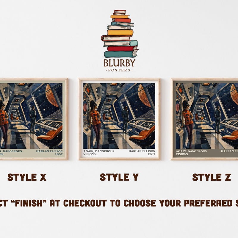 Again, Dangerous Visions literary print in frame leaning in hallway – sci fi wall art