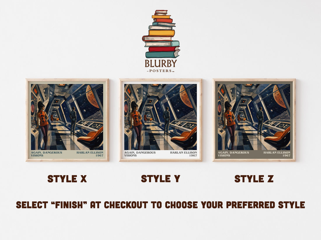 Again, Dangerous Visions literary print in frame leaning in hallway – sci fi wall art (mockup)