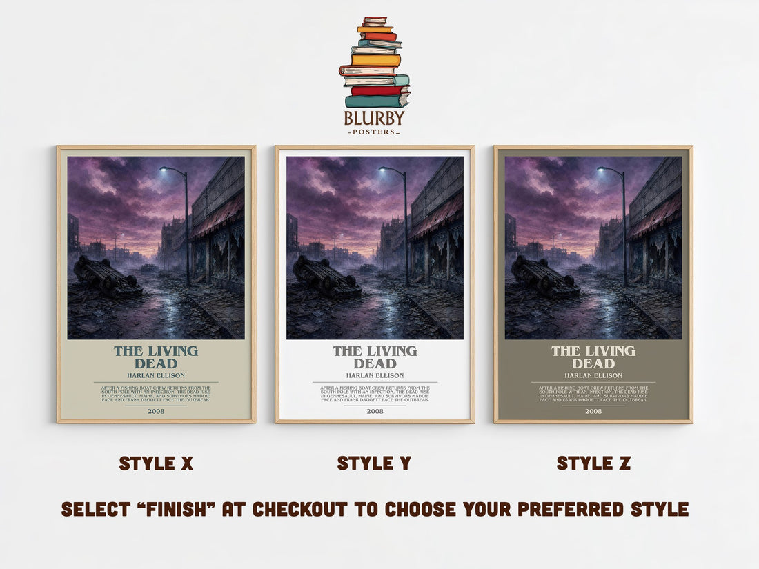 The Living Dead bookish print in frame leaning in hallway – horror wall art (mockup)