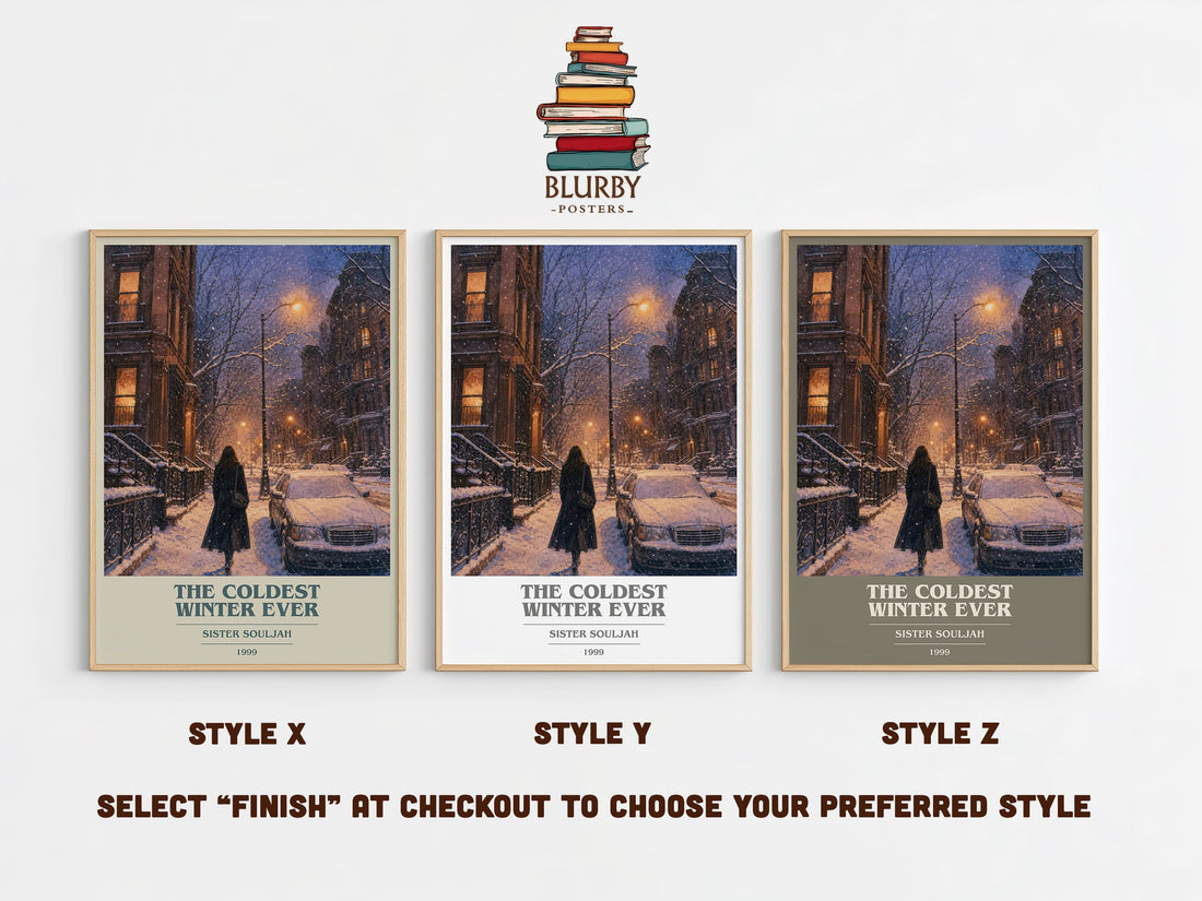 The coldest winter ever book cover print in frame leaning in hallway – contemporary fiction wall art (mockup)