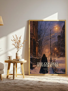 The coldest winter ever watercolour print in frame leaning in hallway – contemporary fiction wall art