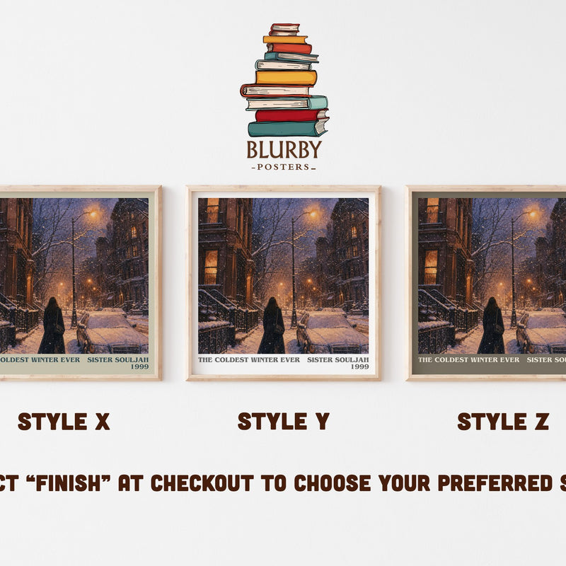 The coldest winter ever literary print in frame leaning in hallway – contemporary fiction wall art