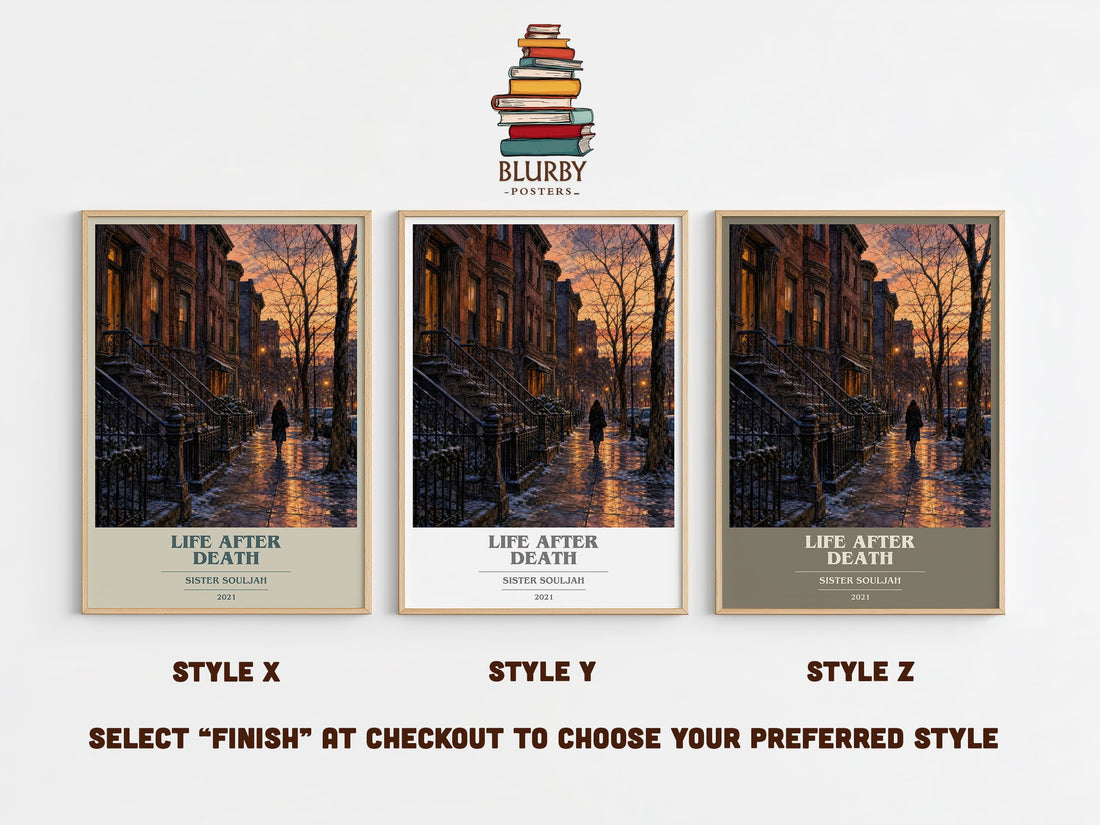 Life After Death book cover print in frame leaning in hallway – contemporary fiction wall art (mockup)
