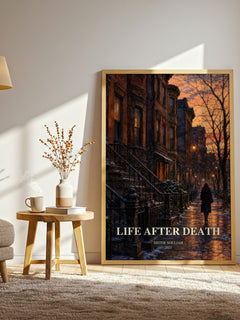 Life After Death watercolour print in frame leaning in hallway – contemporary fiction wall art