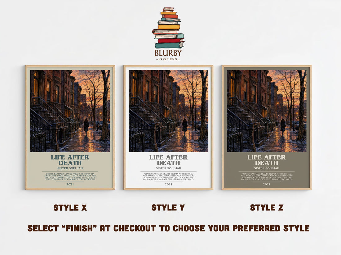 Life After Death bookish print in frame leaning in hallway – contemporary fiction wall art (mockup)