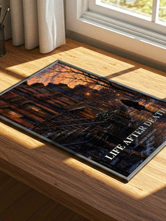 Life After Death watercolour book poster framed on wall – contemporary fiction wall art