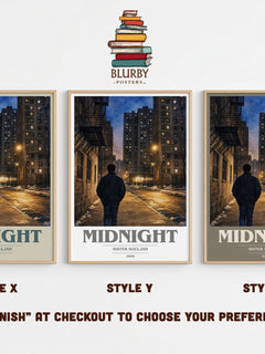 Midnight book cover print in frame leaning in hallway – contemporary fiction wall art