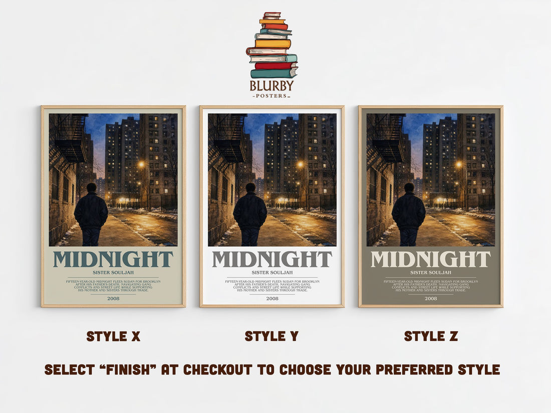 Midnight bookish print in frame leaning in hallway – contemporary fiction wall art (mockup)