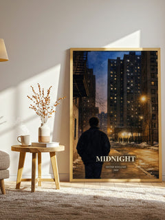 Midnight watercolour print in frame leaning in hallway – contemporary fiction wall art