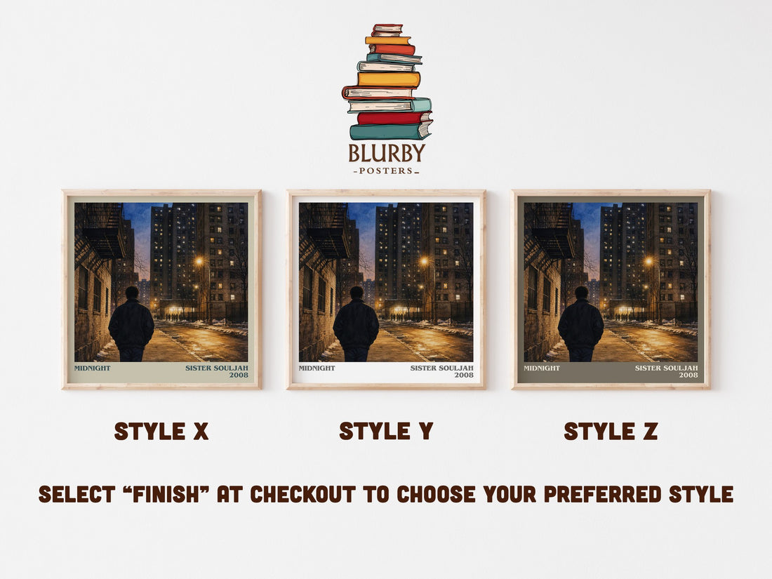 Midnight literary print in frame leaning in hallway – contemporary fiction wall art (mockup)