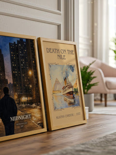 Midnight watercolour print framed by window – literary home decor