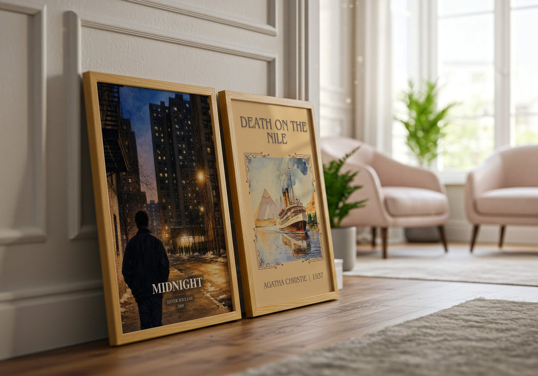 Midnight watercolour print framed by window – literary home decor