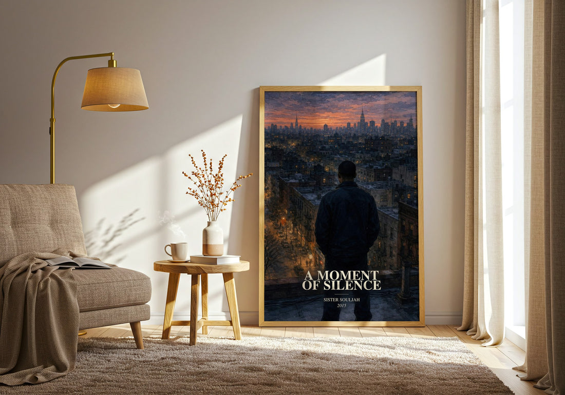 A moment of silence watercolour print in frame leaning in hallway – contemporary fiction wall art