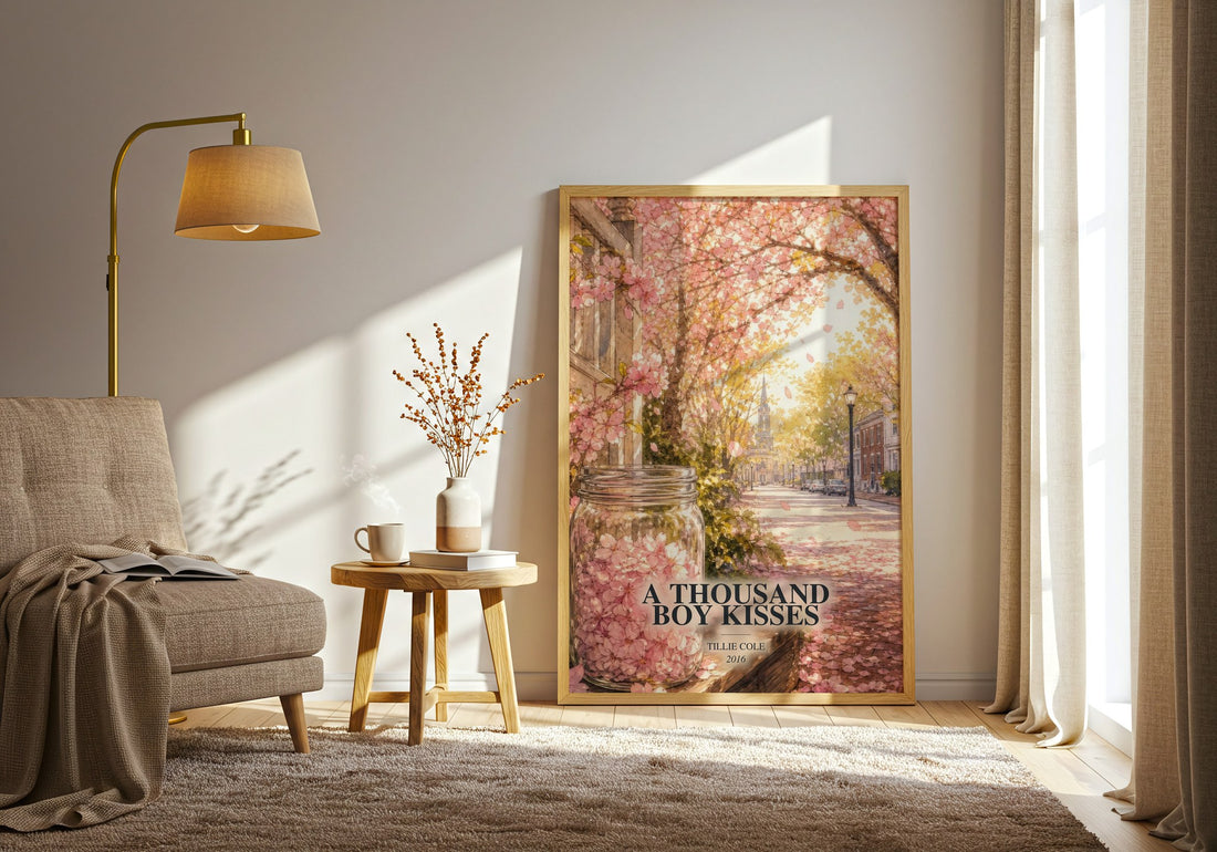 A Thousand Boy Kisses watercolour print in frame leaning in hallway – contemporary fiction wall art