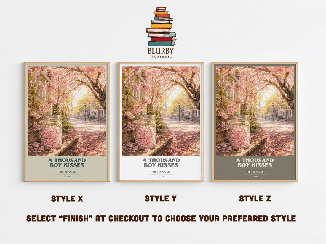 A Thousand Boy Kisses book cover print in frame leaning in hallway – contemporary fiction wall art (mockup)