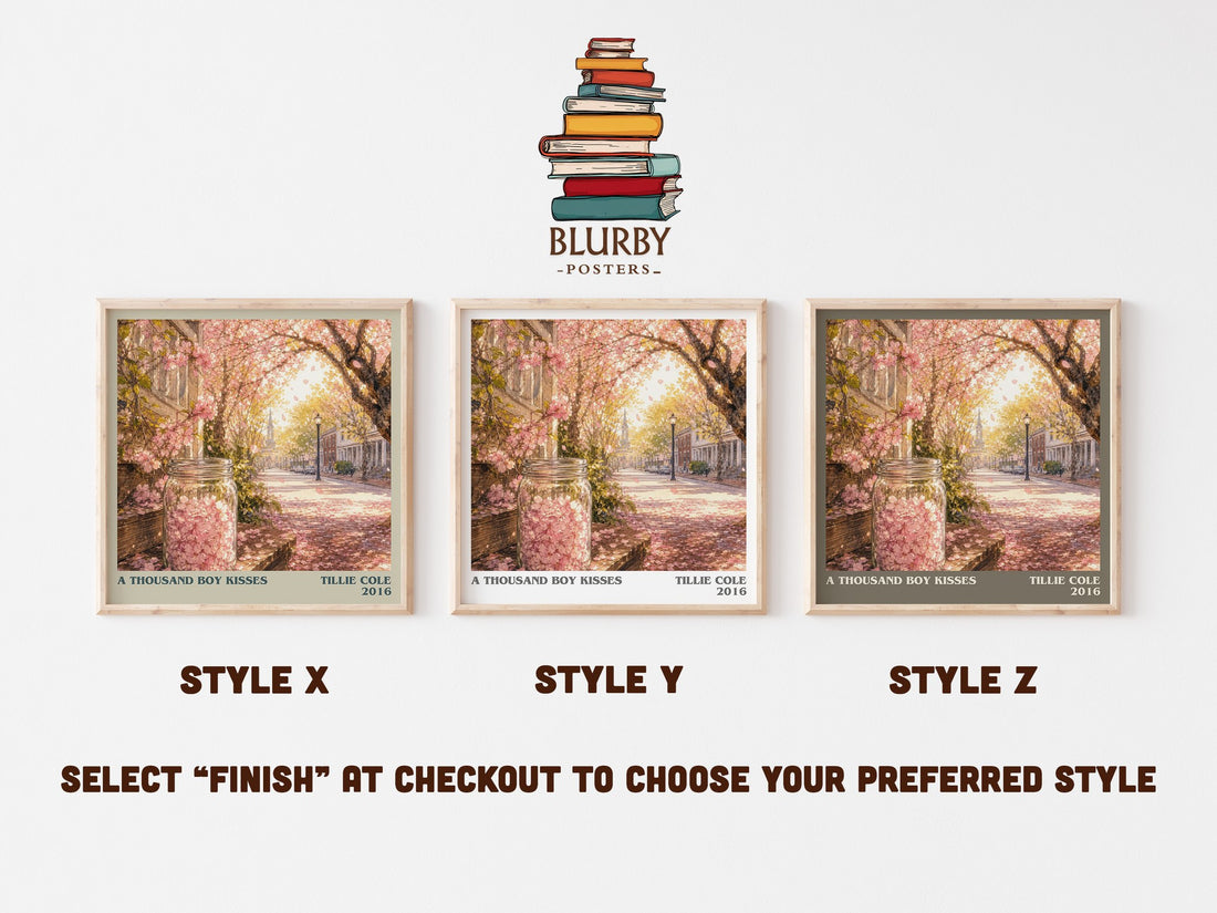 A Thousand Boy Kisses literary print in frame leaning in hallway – contemporary fiction wall art (mockup)