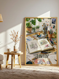 Steal like an artist watercolour print in frame leaning in hallway – non fiction wall art