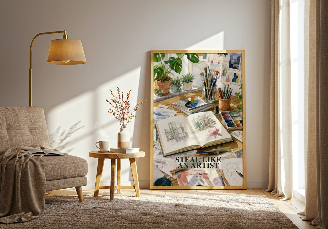 Steal like an artist watercolour print in frame leaning in hallway – non fiction wall art