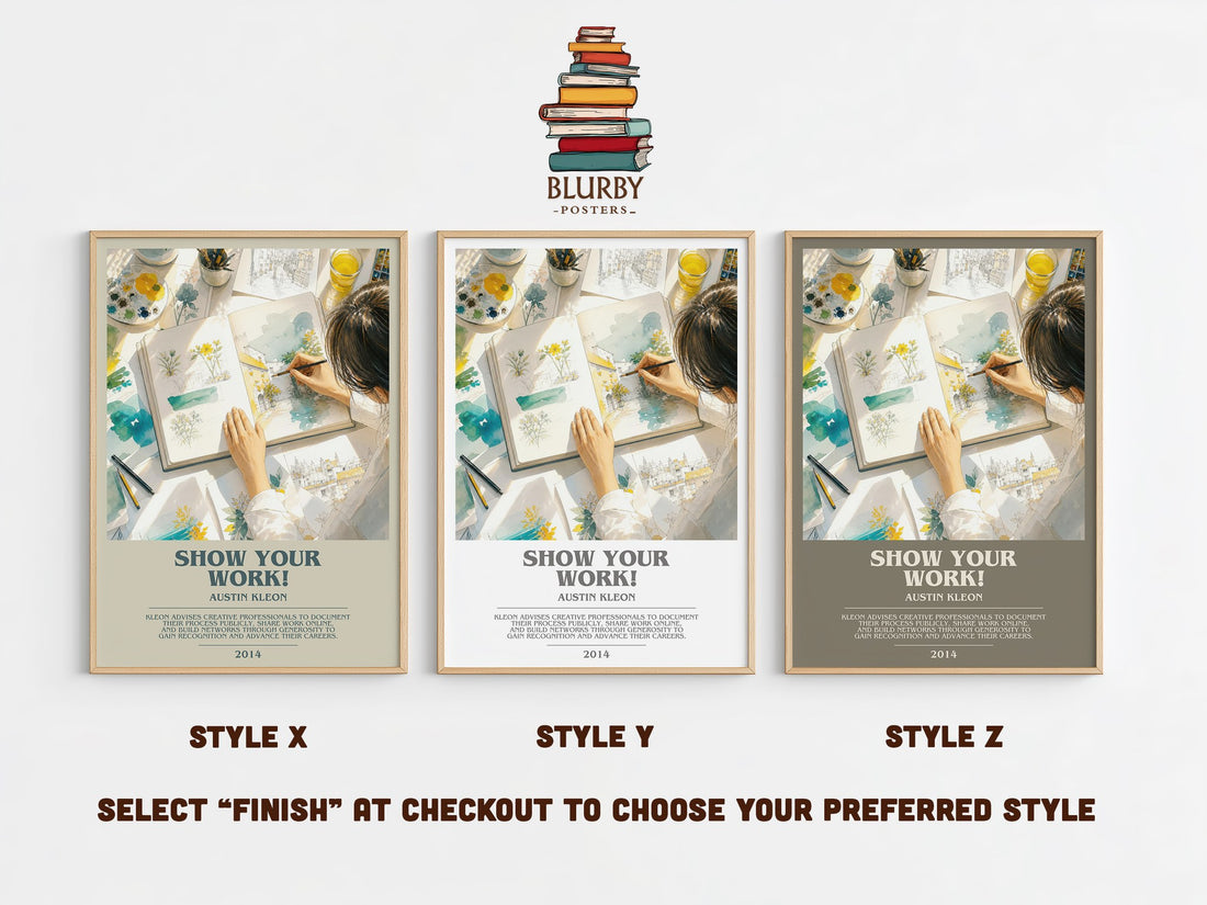Show Your Work! bookish print in frame leaning in hallway – non fiction wall art (mockup)