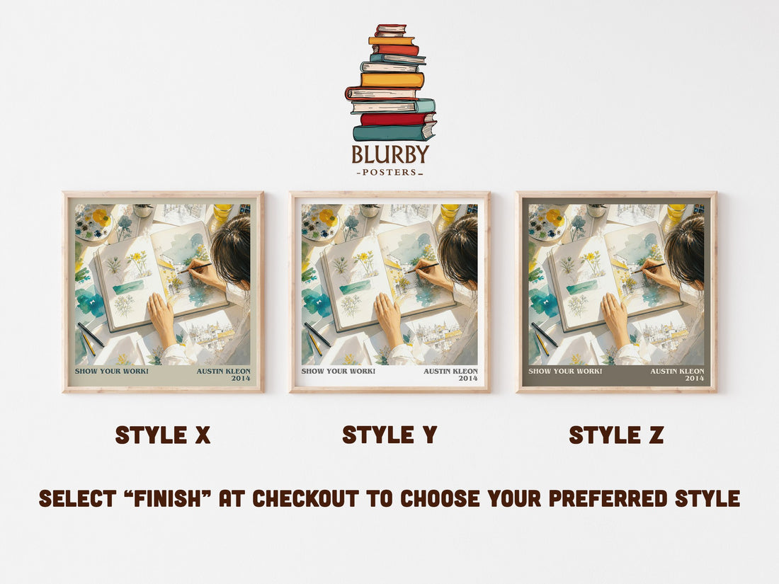 Show Your Work! literary print in frame leaning in hallway – non fiction wall art (mockup)