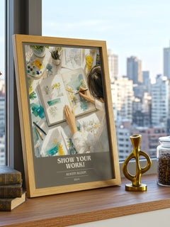 Show Your Work! book cover print framed by window – literary home decor