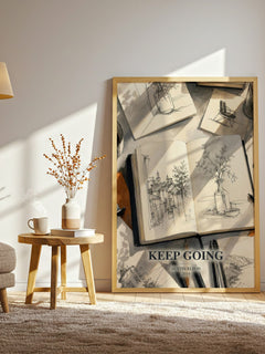 Keep Going watercolour print in frame leaning in hallway – non fiction wall art