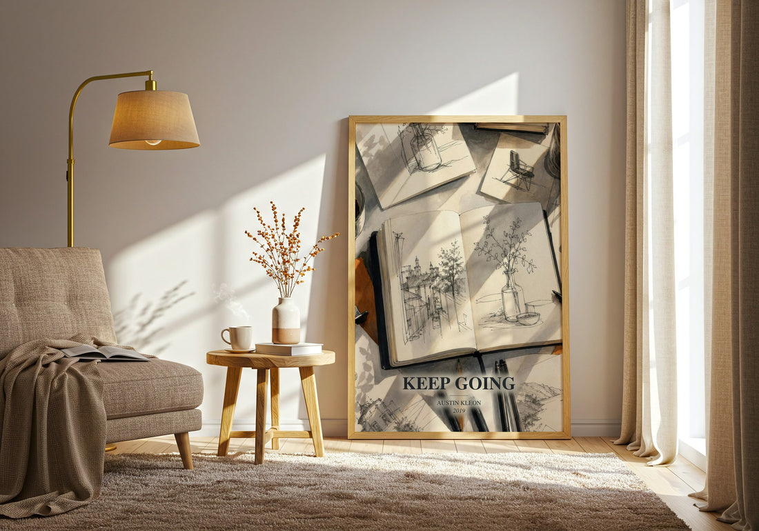 Keep Going watercolour print in frame leaning in hallway – non fiction wall art