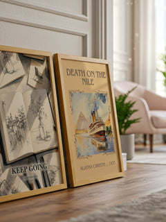 Keep Going watercolour print framed by window – literary home decor