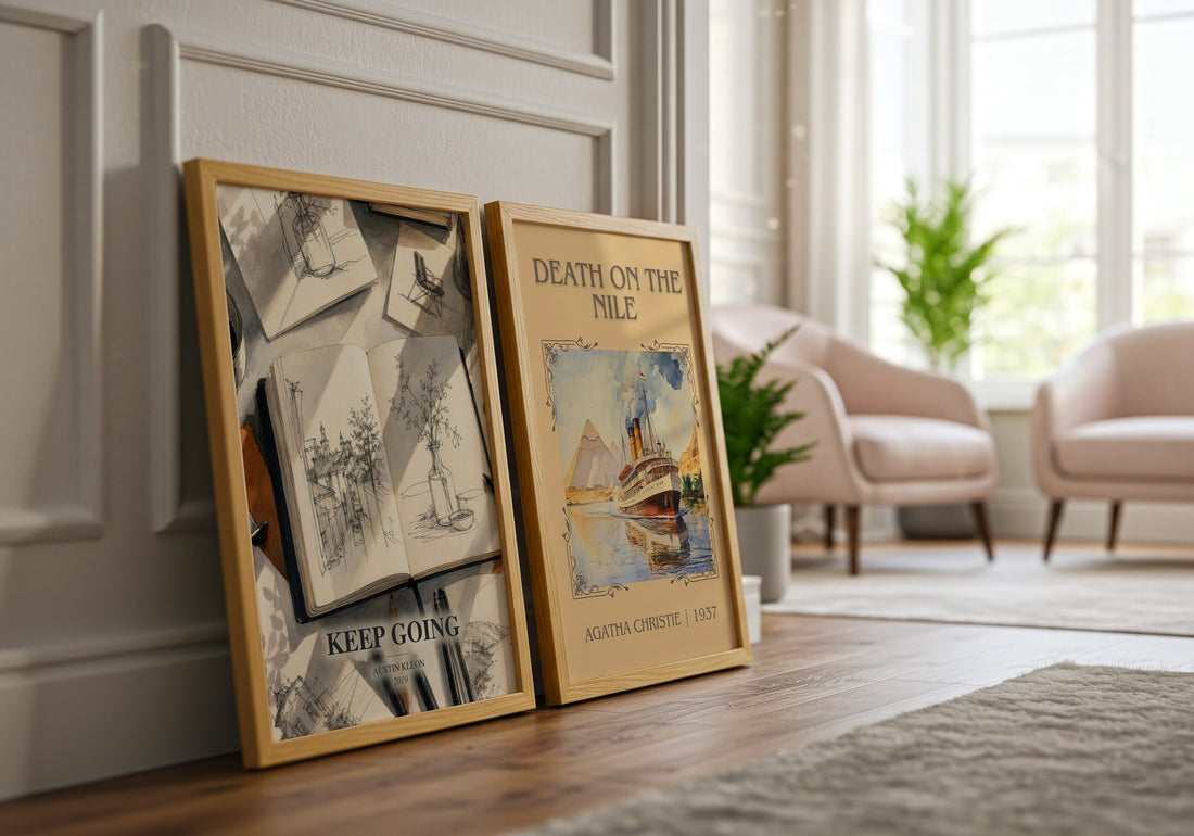 Keep Going watercolour print framed by window – literary home decor