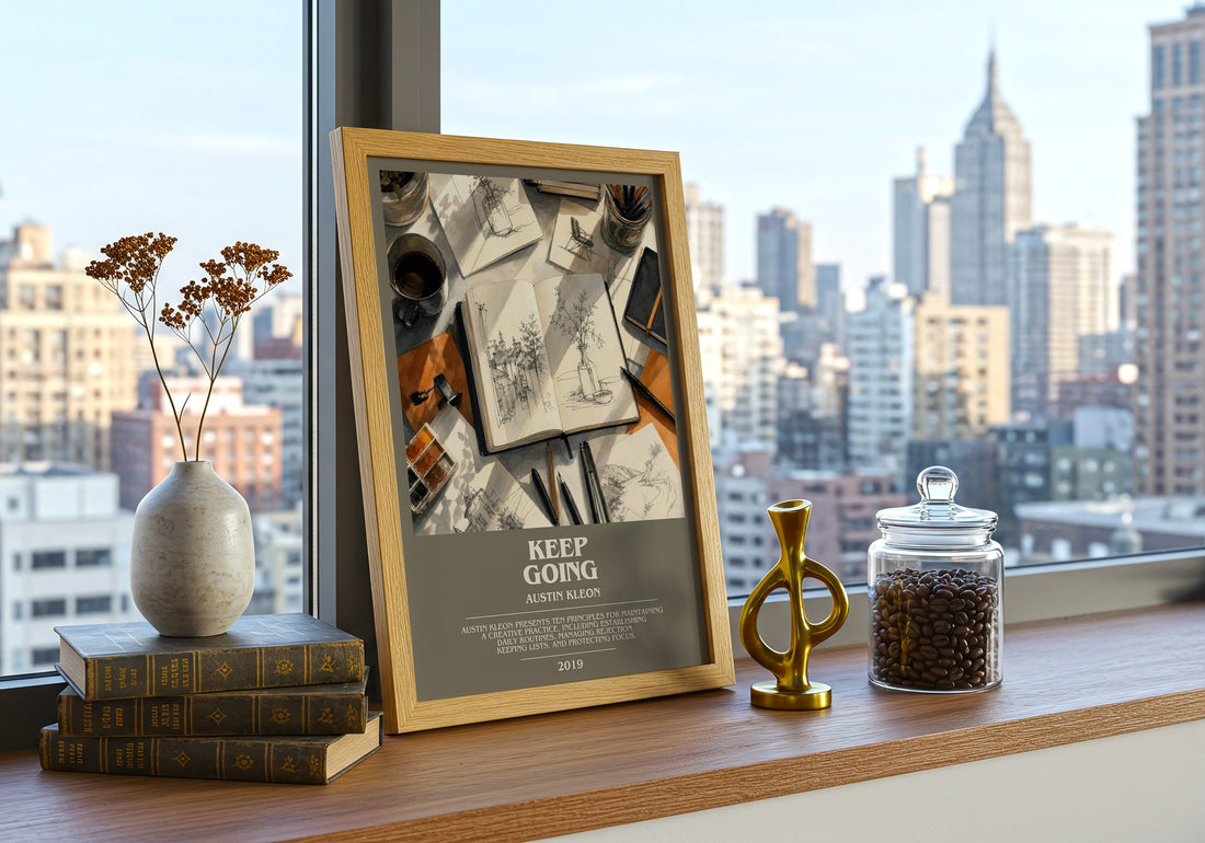 Keep Going bookish print framed by window – literary home decor