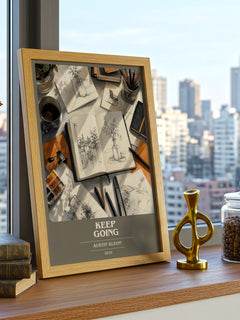 Keep Going book cover print framed by window – literary home decor