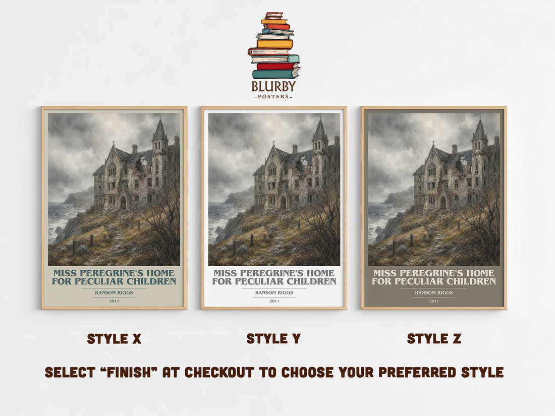 Miss Peregrine's Home for Peculiar Children book cover print in frame leaning in hallway – fantasy wall art (mockup)