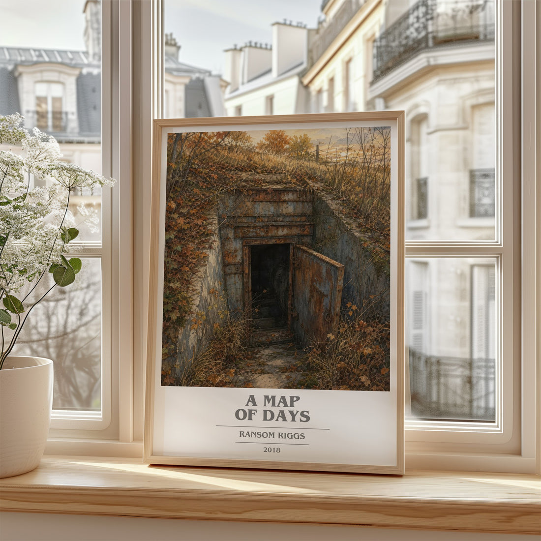 A Map of Days Book Cover Poster by Ransom Riggs – framed print by a bright window