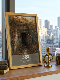 A Map of Days Book Cover Poster by Ransom Riggs – framed print on a city-view windowsill