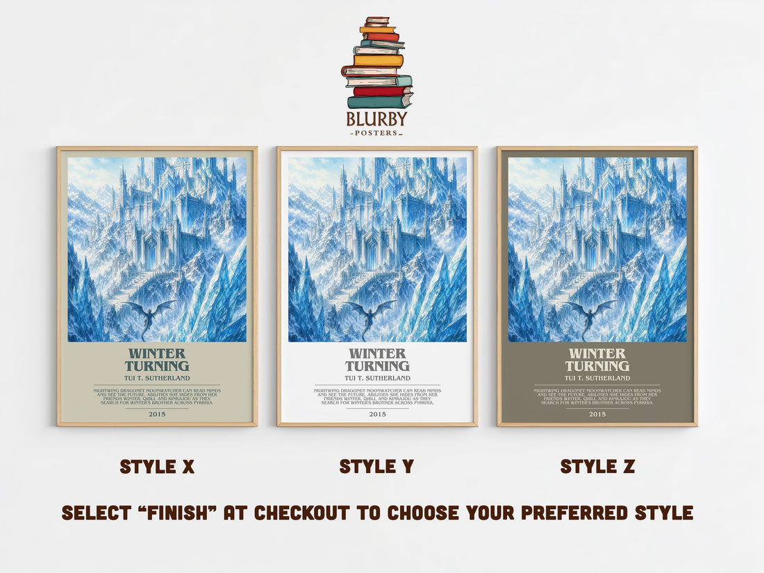 Winter Turning bookish print in frame leaning in hallway – fantasy wall art (mockup)
