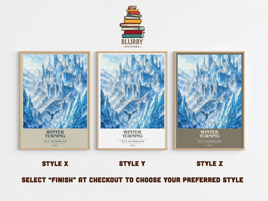 Winter Turning book cover print in frame leaning in hallway – fantasy wall art (mockup)