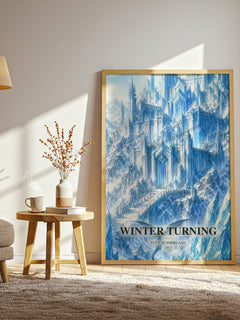 Winter Turning watercolour print in frame leaning in hallway – fantasy wall art