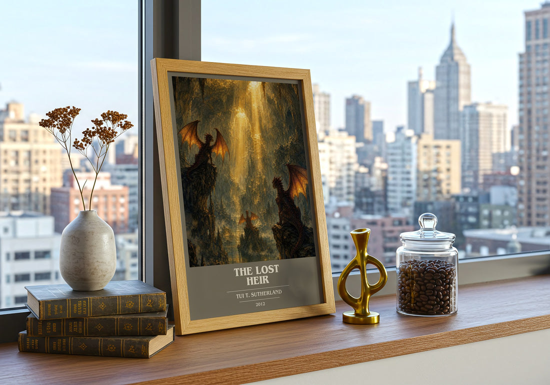 The Lost Heir book cover print framed by window – literary home decor