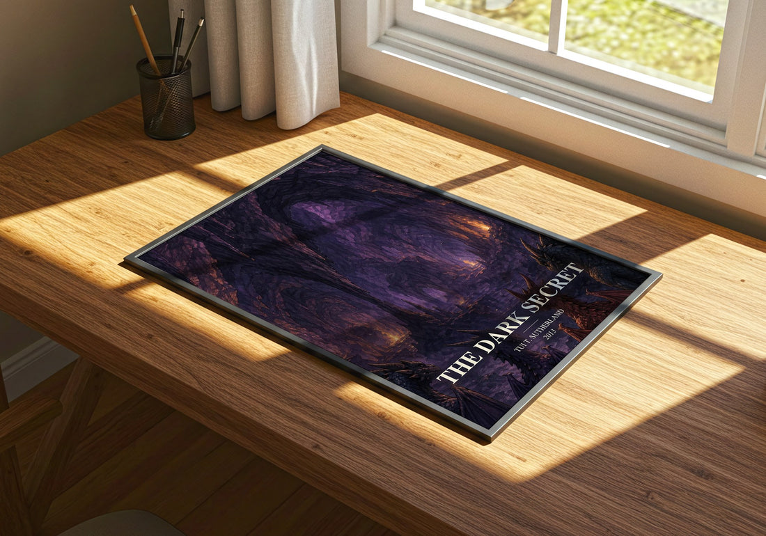 The Dark Secret watercolour book poster framed on wall – fantasy wall art