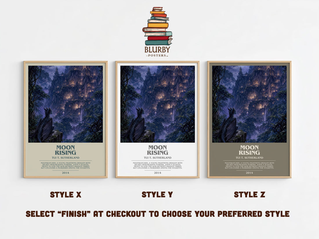 Moon Rising bookish print in frame leaning in hallway – fantasy wall art (mockup)
