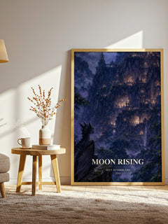 Moon Rising watercolour print in frame leaning in hallway – fantasy wall art