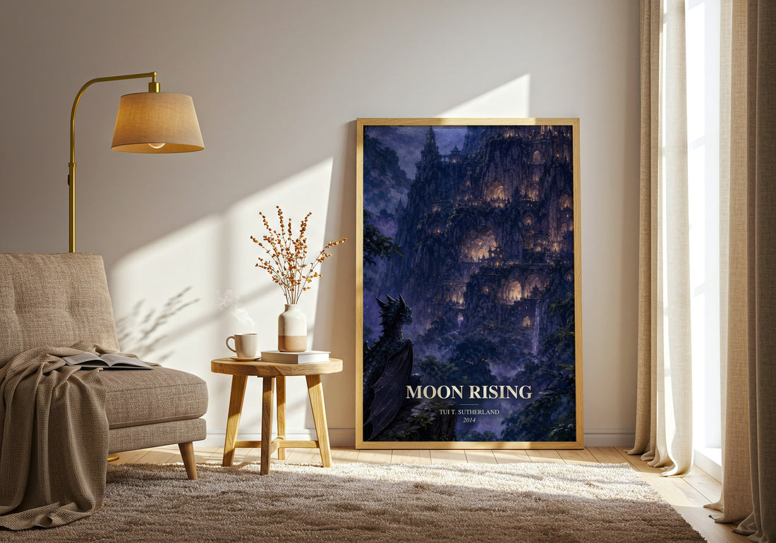 Moon Rising watercolour print in frame leaning in hallway – fantasy wall art