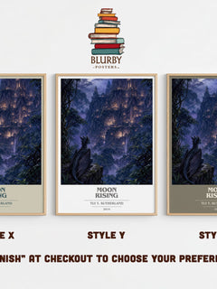 Moon Rising book cover print in frame leaning in hallway – fantasy wall art