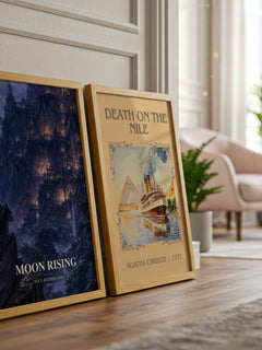 Moon Rising watercolour print framed by window – literary home decor