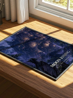 Moon Rising watercolour book poster framed on wall – fantasy wall art