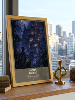Moon Rising book cover print framed by window – literary home decor