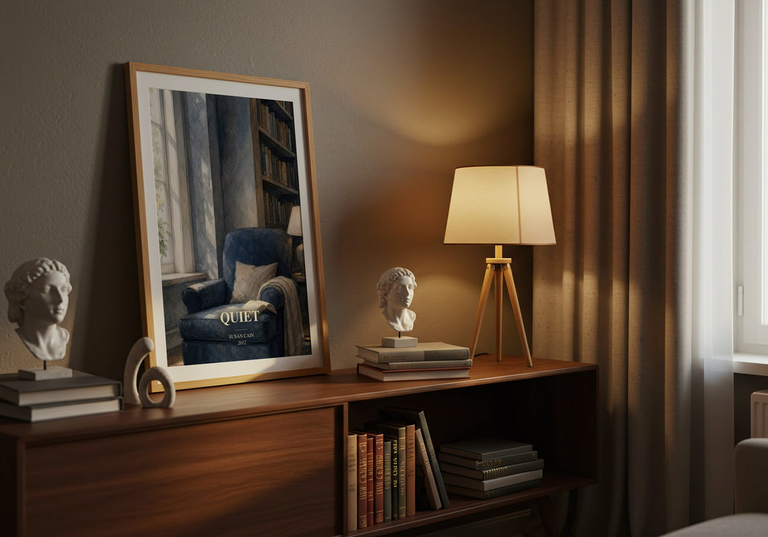 Quiet watercolour print on bookshelf – Susan Cain fan gift